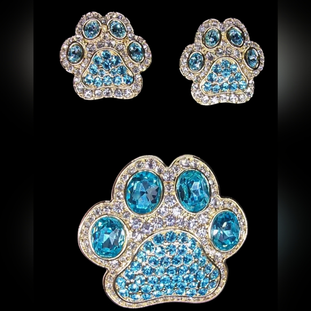 AUTHENTIC Heidi Daus Paw Pin And Earrings BLUE